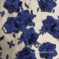 ลูกไม้ปักลายดอกไม้ 3D สีน้ำเงินสำหรับชุดราตรี